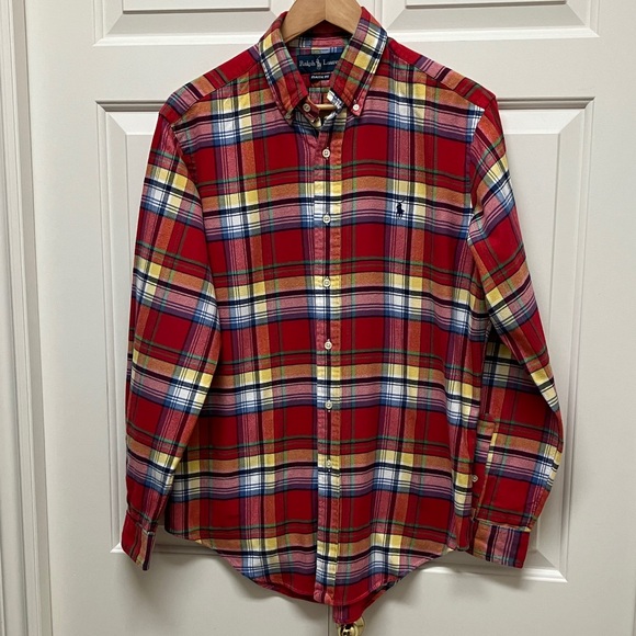 Ralph Lauren button down shirt, cotton flannel plaid, long sleeve, red, yellow M - Picture 3 of 11